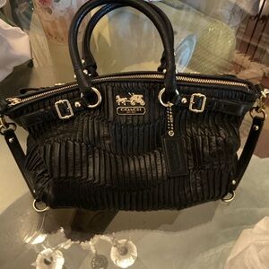 Authentic Coach Black Pleated Leather Satchel with Gold Hardware